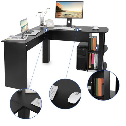_Utility Wooden Office Computer Writing Desk Home Gaming PC Furnitur L-Shape Corner Study Computer Table With Book Shelf (white)