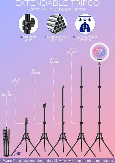 Ring Light with Tripod Stand & Phone Holder Tall, 12.6 inch Selfie Ring Lights for Makeup, Live Streaming, Tik tok, YouTube Video, Dimmable LED Circle Lights with Remote Total Height 187 cm/73.6 Inch (FREE POSTAGE)