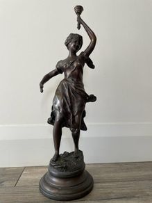 Bronze statue - Lady holding torch - by 'Rousseau