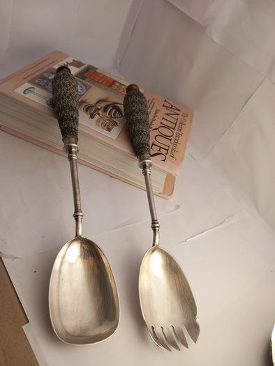 Antique/vintage  Richard Martin &Ebenezer Hall Sheffield  salad servers dated 1887 are very rare items if not unique in pristine condition with ceramic handles will make a great  gift present for the loved ones also a great impression at the dinner ta