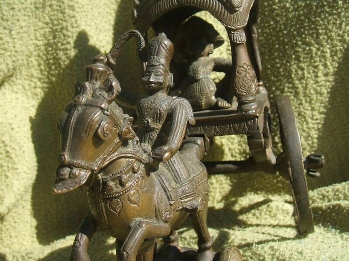 Antique INDIAN BRONZE TEMPLE TOY (Kutch style) - an exceptionally fine example with horse and rider with carriage (c.19th century)