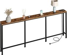 200 cm Narrow Console Table with Power Outlet, 18 cm Skinny Sofa Table, Long Behind Couch Table with Charging Station, for Entryway, Hallway, Living Room, Rustic Brown and Black