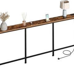 200 cm Narrow Console Table with Power Outlet, 18 cm Skinny Sofa Table, Long Behind Couch Table with Charging Station, for Entryway, Hallway, Living Room, Rustic Brown and Black