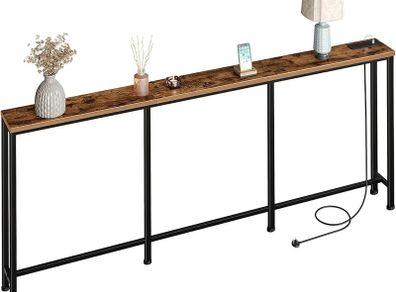 200 cm Narrow Console Table with Power Outlet, 18 cm Skinny Sofa Table, Long Behind Couch Table with Charging Station, for Entryway, Hallway, Living Room, Rustic Brown and Black