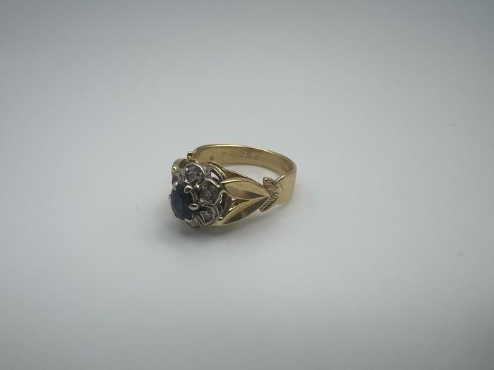 Antique 18ct Gold Diamond and Sapphire Ring Custom Crown Design - 6 Diamond cluster and Large Dark Blue Rare Sapphire - Beautiful Crown Design