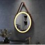 Round Bathroom Mirror with Lights Gold Frame Leather Strap Illuminated Bathroom LED Mirror Image 2