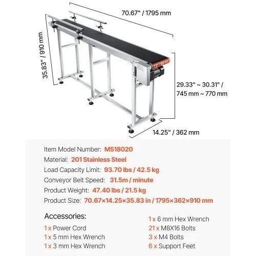 Belt Conveyor, 71 x 7.8 inch Conveyor Table, Heavy Duty Stainless Steel Motorized Belt Conveyor for Inkjet Coding Applications Powered PVC Belt Anti-Static Adjustable Speed (Double Guardrail