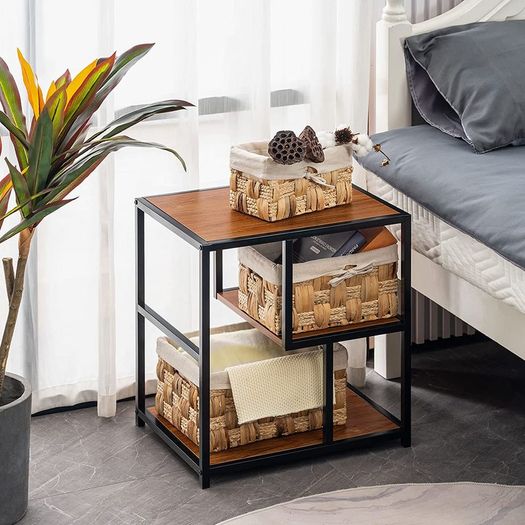 Side Table Brown, Industrial Coffee End Table, Metal Frame Bedside Table with Storage Compartment, Nightstand for Living room Bedroom and Balcony, Wooden, 56 x 40 x 53 cm