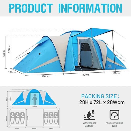 Camping Tunnel Tent 4-6 Man Large Family Tent With 2 Bedroom 6 Person Tent 3000mm Waterproof With Living Area 6 Man Tents for Camping Outdoor Hiking UV Protection