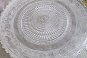 VINTAGE ANTIQUE Molded engraved crystal centerpiece resting on a two handled painted white metal patinated base.  Condition report:  Good condition