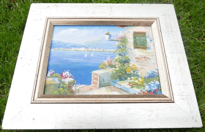 Vintage Oil Paintings Seaside Impressionism Wall Art Blue Oil Paintings Garden Floral Wall Art Blue Artwork Living Room Wall Art, signed framed