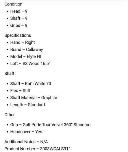 Callaway Elyte HL #3 Wood 16.5 Degree / Kai'li White 70 Stiff
