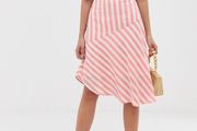 Vila - Mid Rose Striped Midi Skirt New with Tags RRP  42 Euro Size UK18 Asymmetric