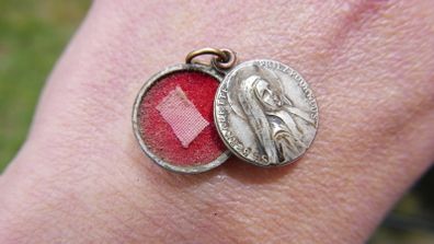 Vintage St Bernadette Sliding Medal with Tissue Relic--Vintage/Antique Round Reliquary/Theca Necklace Pendant--Lourdes Soubirous Saint Catholic
