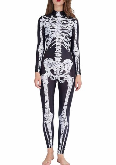 Women Halloween Costume 3D Print Long Sleeve Skinny Skeleton Catsuit Cosplay Jumpsuit (MULTIPLE STYLES)