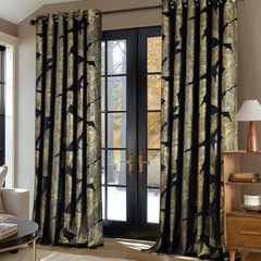 Velvet Curtains with Gold Foil Leaves Pattern, 2 Pieces Black Velvet Curtains with Eyelets, Each 90 x 90 Inch, Room Darkening Curtain Drapes for Classical Living Room Bedroom