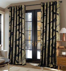 Velvet Curtains with Gold Foil Leaves Pattern, 2 Pieces Black Velvet Curtains with Eyelets, Each 90 x 90 Inch, Room Darkening Curtain Drapes for Classical Living Room Bedroom