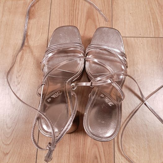 Zara Rose Gold Metallic Strappy Lace-Up Platform Block Heels 7UK/40EU