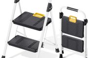 2 Step Folding Ladder, Step Stool with Safety Lock, Non-Skid Wide Pedals, and Handrail, Lightweight, Household Ladder for Home, Kitchen, Pantry, Closets, and Office Use, White