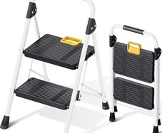 2 Step Folding Ladder, Step Stool with Safety Lock, Non-Skid Wide Pedals, and Handrail, Lightweight, Household Ladder for Home, Kitchen, Pantry, Closets, and Office Use, White
