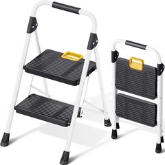 2 Step Folding Ladder, Step Stool with Safety Lock, Non-Skid Wide Pedals, and Handrail, Lightweight, Household Ladder for Home, Kitchen, Pantry, Closets, and Office Use, White