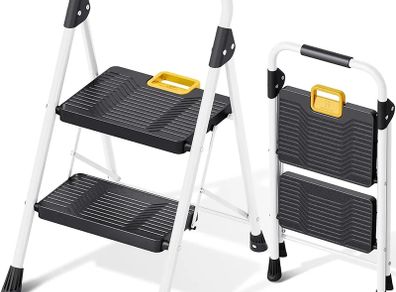2 Step Folding Ladder, Step Stool with Safety Lock, Non-Skid Wide Pedals, and Handrail, Lightweight, Household Ladder for Home, Kitchen, Pantry, Closets, and Office Use, White