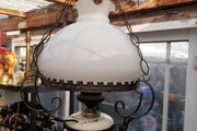 Beautiful Edwardian Hanging Oil Lamp with a Milk Glass Shade and Decorative Ceramic Reservoir Converted to Electric