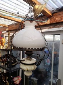 Beautiful Edwardian Hanging Oil Lamp with a Milk Glass Shade and Decorative Ceramic Reservoir Converted to Electric