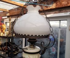 Beautiful Edwardian Hanging Oil Lamp with a Milk Glass Shade and Decorative Ceramic Reservoir Converted to Electric