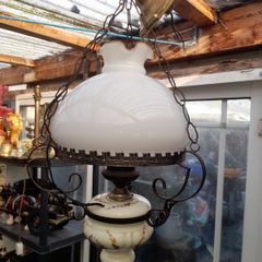 Beautiful Edwardian Hanging Oil Lamp with a Milk Glass Shade and Decorative Ceramic Reservoir Converted to Electric