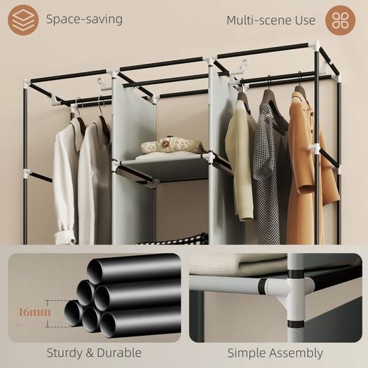 Foldable Fabric Wardrobe for Bedroom, Portable Wardrobe with 5 Shelves, 2 Hanging Rails and 3 Fabric Drawers, Light Grey