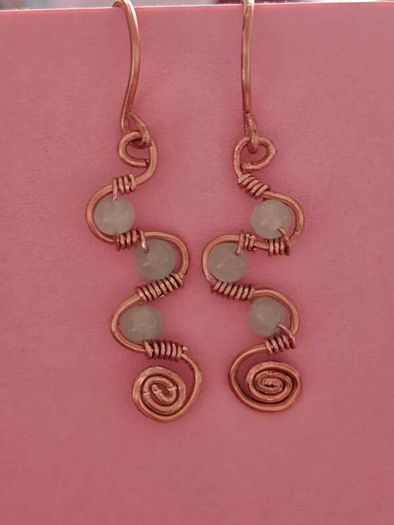 Handmade Copper Wire Wrapped Earrings, Milky Glass Beads, Boho Spiral Dangles