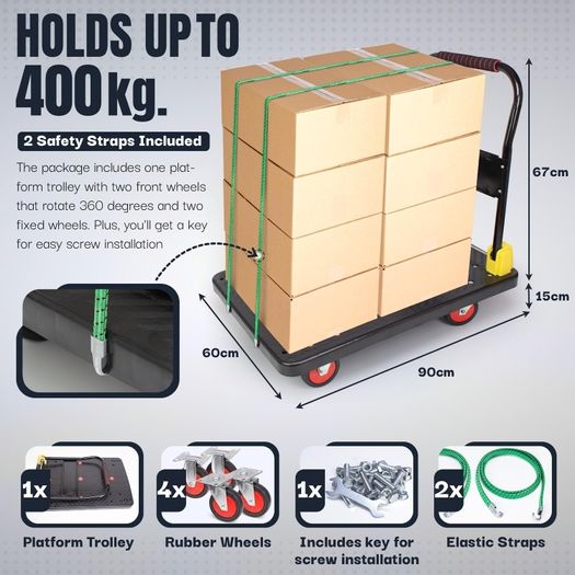 400kg capacity Platform Truck Heavy Duty Trolley with 2 bungee cords with hooks Multipurpose Utility Trolley - Versatile Folding
