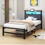 3ft Single Size Bed Frame with LED Lights Storage Upholstered Headboard and Charging Station, Heavy Duty Metal Platform Single Bed Frame, No Box Spring Needed, Noise Free, Easy Assembly Image 2