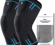 Compression Knee Support Sleeves Pair (2pcs) | Elastic & Breathable | Black-Blue | Size L | New