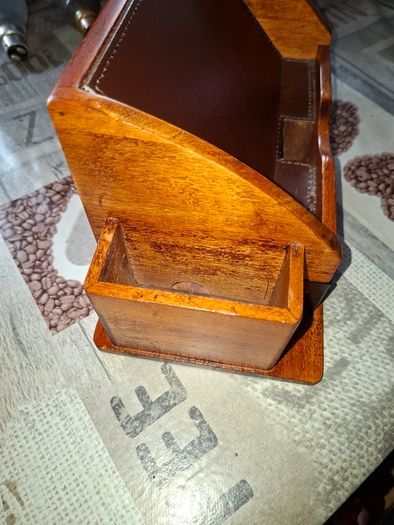 Wooden Desk Organizer features a Leather-Lined Compartment and Side Sections for Pens