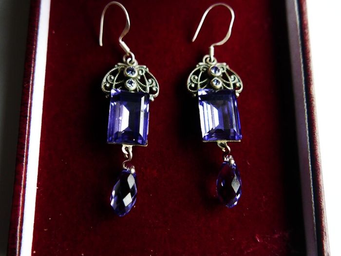 Vintage Sterling Silver 925 Dainty Violet Crystal and Silver Earrings 8,8g