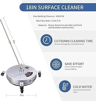 13" Pressure Washer Surface Cleaner with 4 Wheels, Stainless Steel Housing & 1/4" Quick Connector, Power Washer Attachment with 2 Extension Wands, 2 Replacement Nozzles, 4000 PSI (13inch)