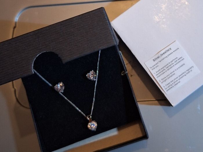 Elizabeth Duke Heart Shaped Silver Zirconia Pendant Necklace and Stud Earrings Set