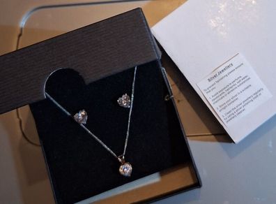 Elizabeth Duke Heart Shaped Silver Zirconia Pendant Necklace and Stud Earrings Set