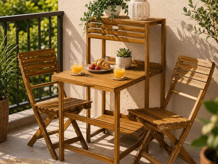 Folding Bistro Set for 2  Acacia Wood with Storage Shelves & 2 Chairs