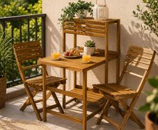 Folding Bistro Set for 2  Acacia Wood with Storage Shelves & 2 Chairs