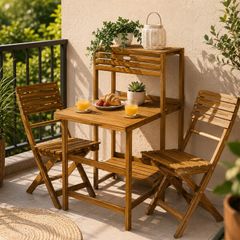Folding Bistro Set for 2  Acacia Wood with Storage Shelves & 2 Chairs
