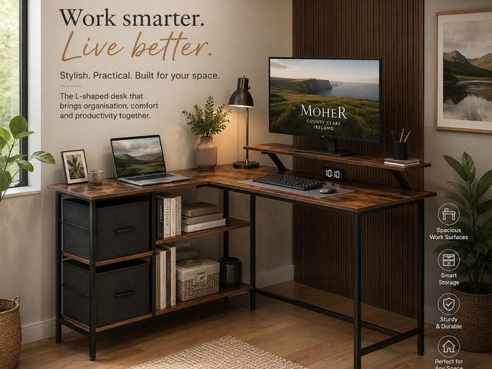 L-Shaped Corner Desk with Drawers & Monitor Shelf