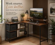 L-Shaped Corner Desk with Drawers & Monitor Shelf