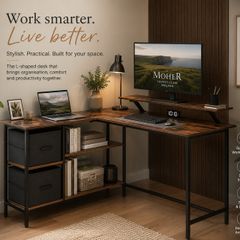 L-Shaped Corner Desk with Drawers & Monitor Shelf