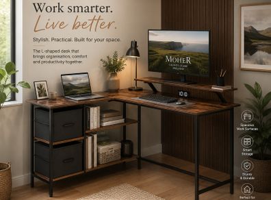 L-Shaped Corner Desk with Drawers & Monitor Shelf