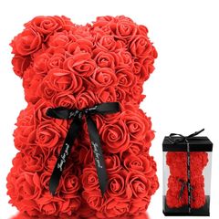25cm Rose Bear with Transparent Gift Box & Black Ribbon, Rose Petals Teddy Bear Presents for Women, Artificial Flowers Rose Bear Valentines Gifts for Her, for Girlfriend (Red)