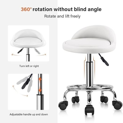 NEW SALE | Quality Leather Round Rolling Stool with Foot Rest Height Adjustable