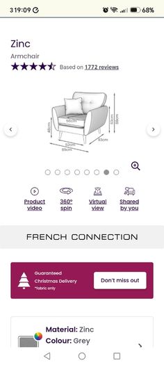 French Connection DFS Zinc Grey 4 seater couch and armchair set